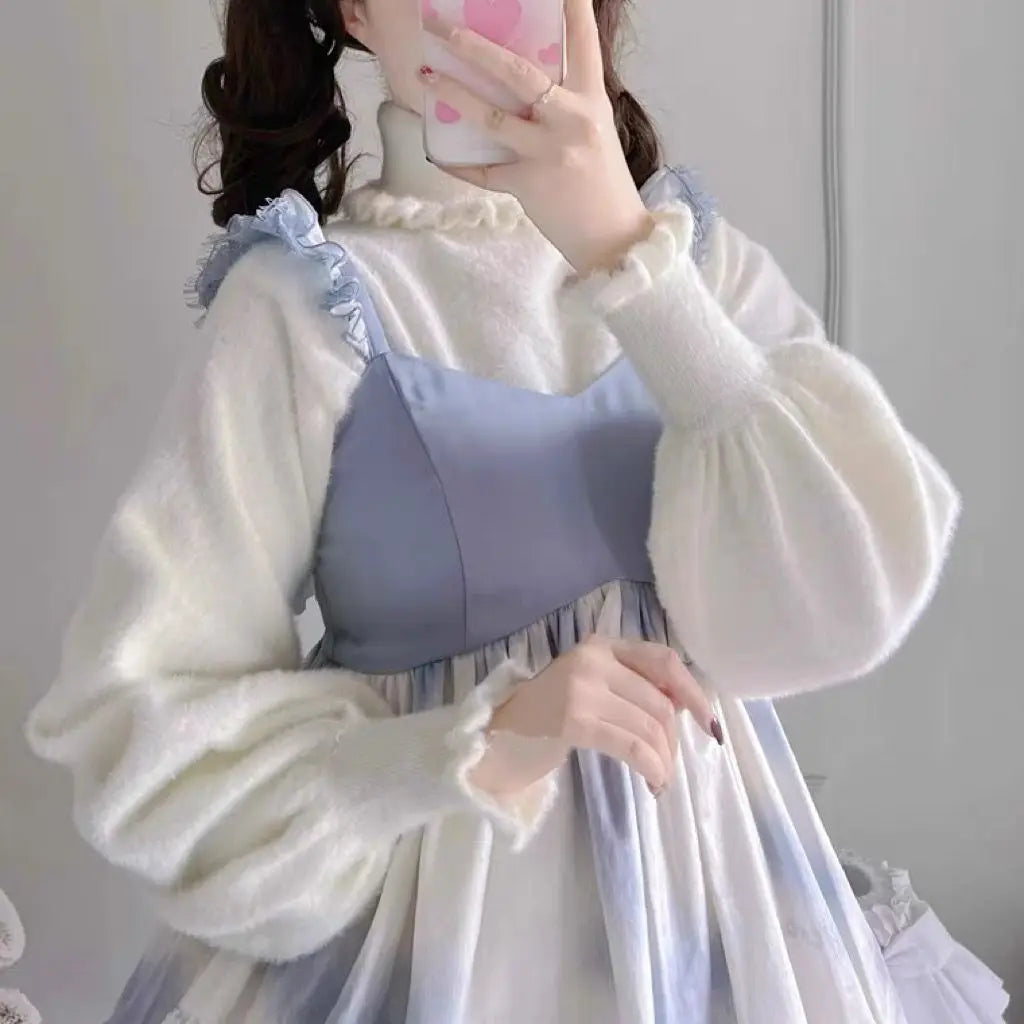 Soft Basic Pullover Women Japanese Ruffle Turtleneck Puff Sleeve Sweater Jk Lolita Inside Jumper  Fairy Sueter Top