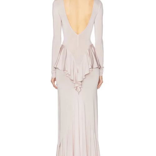 Load image into Gallery viewer, Backless Ruffled Sexy Maxi Dress For Women Gown Fashion O Neck Long Sleeve Thigh High Split Evening Long Dress Elegant
