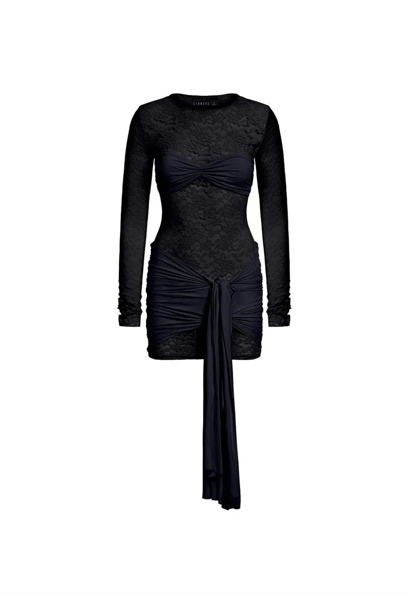 Lace See Through Draped Mini Dress Women Robe Elegant Patchwork Long Sleeve Slim Ruched Club Party Dress Clubwear
