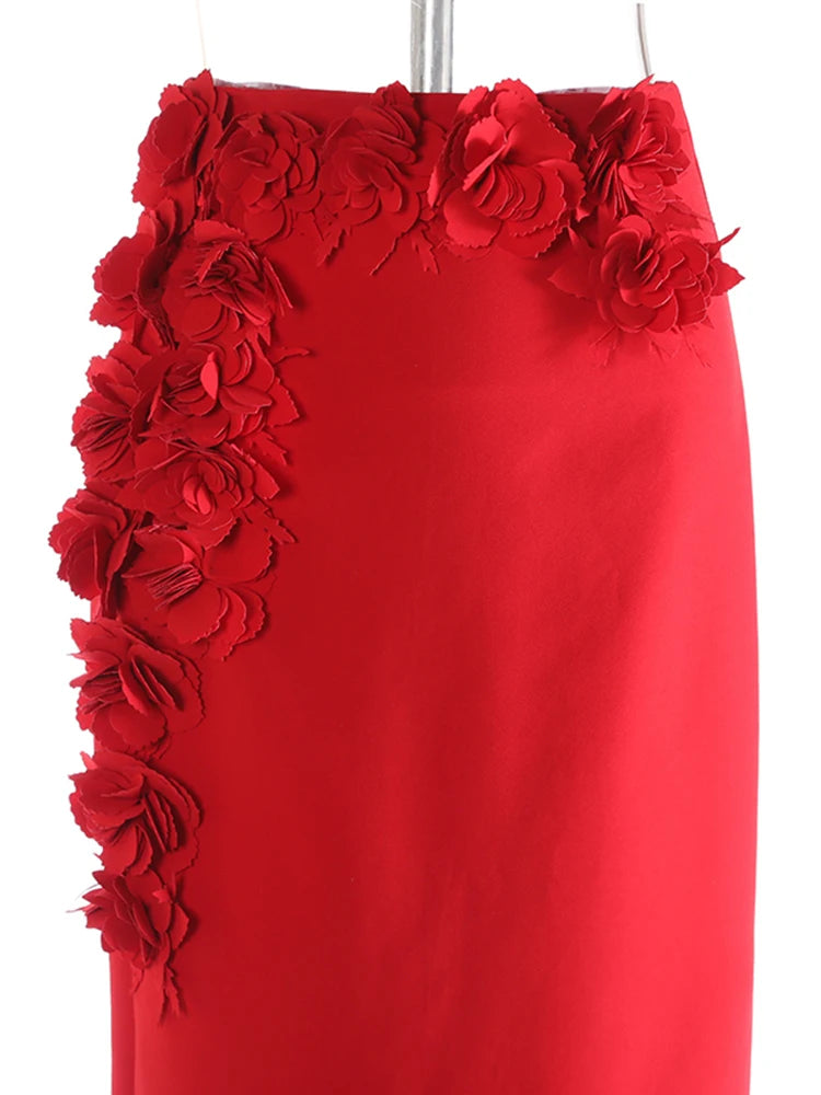 High Waist Red Three-dimensional Flower Elegant Midi Half-body Skirt Women Fashion Tide New Spring Autumn 2025 1DJ0914