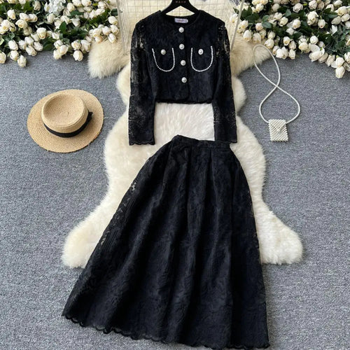 Load image into Gallery viewer, Vintage Elegant Two Piece Set Women Solid Lace Round Neck Long Sleeve Button Short Tops And High Waist Pleated Midi Skirt Autumn
