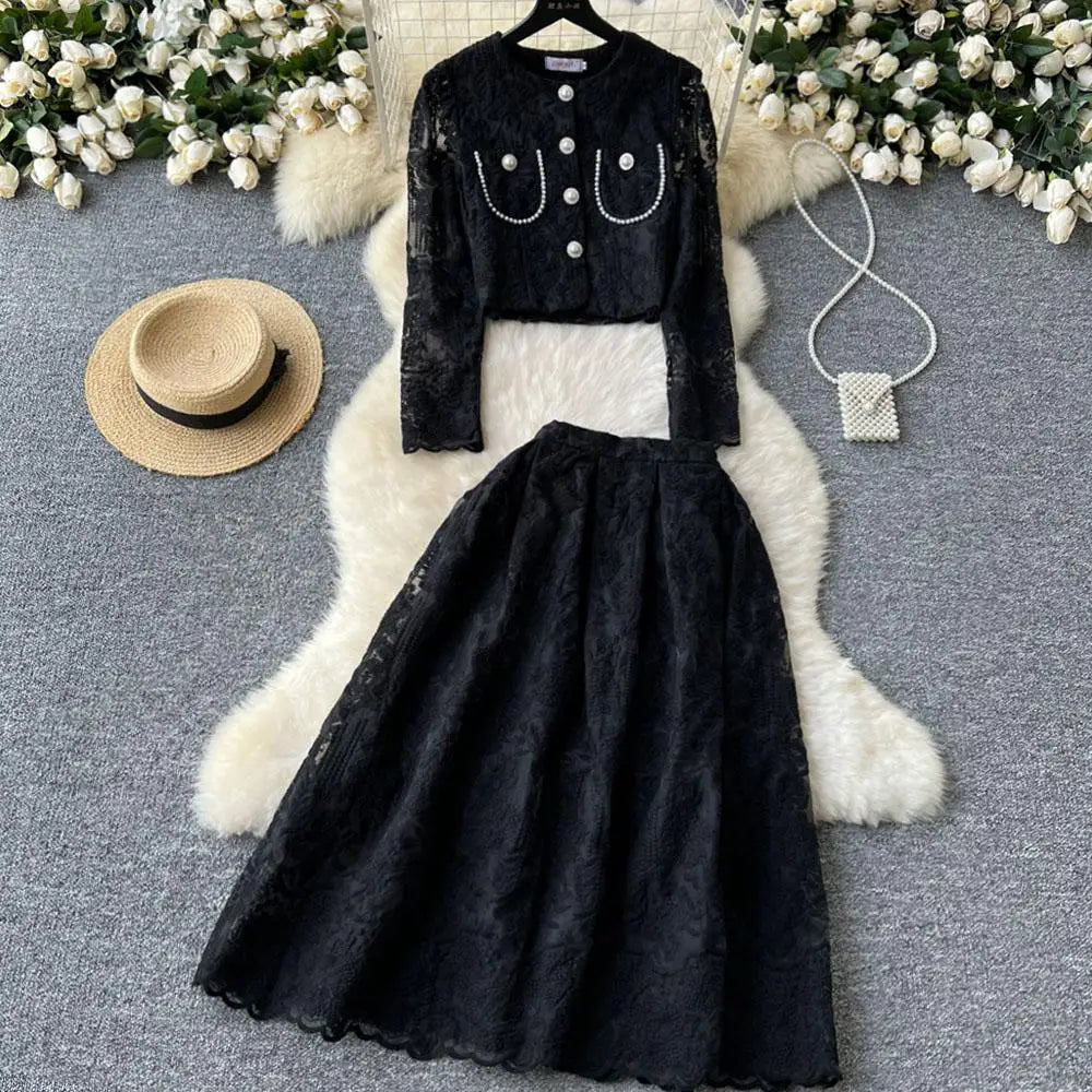 Vintage Elegant Two Piece Set Women Solid Lace Round Neck Long Sleeve Button Short Tops And High Waist Pleated Midi Skirt Autumn