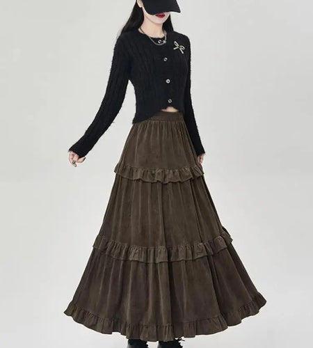 French Women Solid Elegant Vacation Cake Pleated Long Skirts 2024 Autumn Winter New High Waist Ruffle Edge Party Skirt Fashion