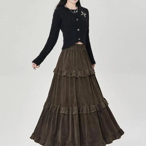 Load image into Gallery viewer, French Women Solid Elegant Vacation Cake Pleated Long Skirts 2024 Autumn Winter New High Waist Ruffle Edge Party Skirt Fashion
