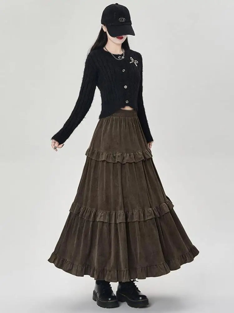 French Women Solid Elegant Vacation Cake Pleated Long Skirts 2024 Autumn Winter New High Waist Ruffle Edge Party Skirt Fashion
