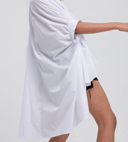 Women White Irregular Big Size Blouse New Lapel Half Sleeve Loose Fit Shirt Fashion Tide Spring Autumn 2025 1DD2323