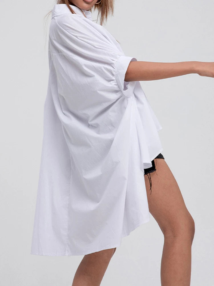 Women White Irregular Big Size Blouse New Lapel Half Sleeve Loose Fit Shirt Fashion Tide Spring Autumn 2025 1DD2323