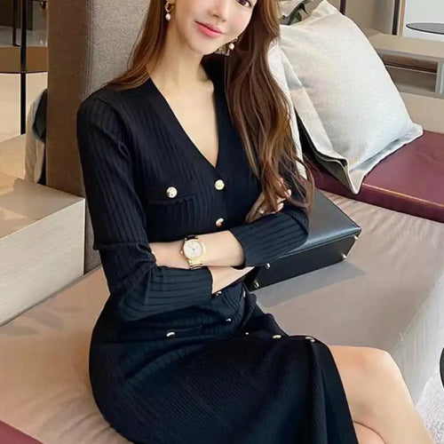 Load image into Gallery viewer, French Fashion Women Black Single Breasted Elegant V Neck Festival Knit Dress Autumn Long Sleeve Slim Fishtail Dress Ladies Chic
