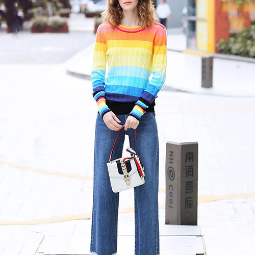 Load image into Gallery viewer, New Multicolor Rainbow Sweater Autumn Winter Women Sweater O-Neck Knitted Jumper Top Loose Casual Warm Femme Sweater C-144
