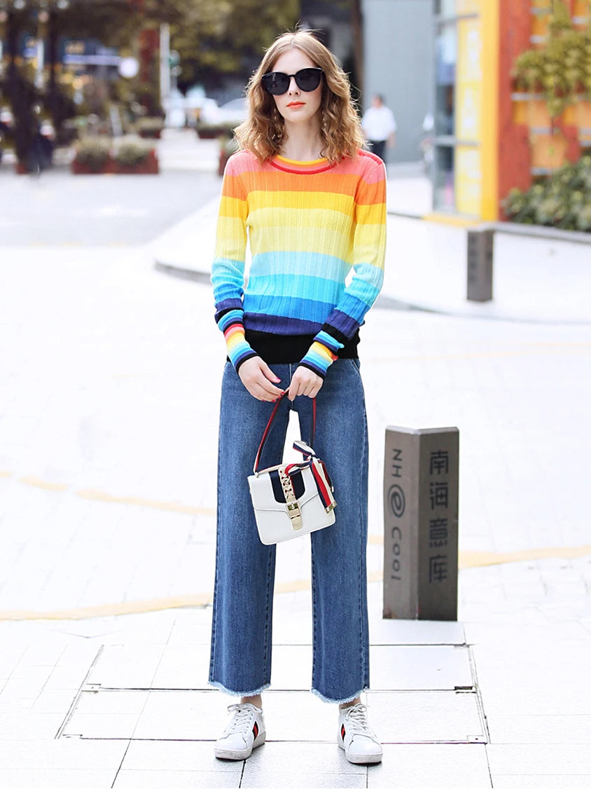 New Multicolor Rainbow Sweater Autumn Winter Women Sweater O-Neck Knitted Jumper Top Loose Casual Warm Femme Sweater C-144