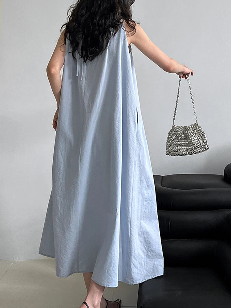 Women White Blue Knot Elegant Big Size Long Vest Dress New Halter Sleeveless Fashion Tide Spring Summer 2025 1DJ1282