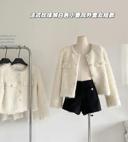 Autumn Winter Vintage White Long Sleeves Single Breasted Coat French Fashion Women Elegant Pearl Round Neck Short Jacket Popular
