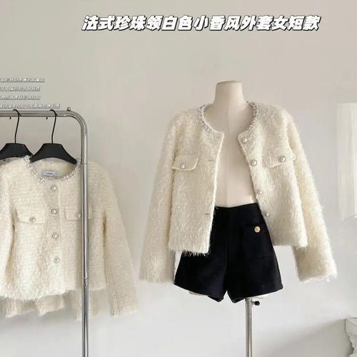 Load image into Gallery viewer, Autumn Winter Vintage White Long Sleeves Single Breasted Coat French Fashion Women Elegant Pearl Round Neck Short Jacket Popular
