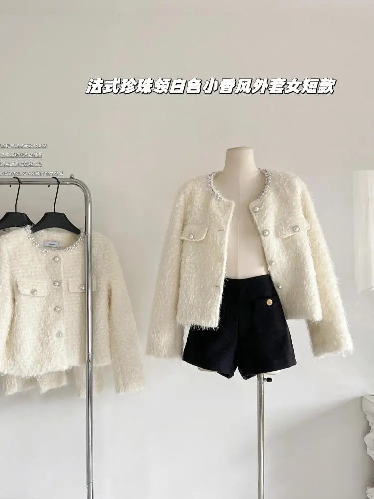 Autumn Winter Vintage White Long Sleeves Single Breasted Coat French Fashion Women Elegant Pearl Round Neck Short Jacket Popular