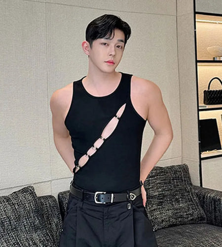 Slim Men's Tank Tops Solid Color Round Neck Sleeveless Hollow Out Male Fashion Tops New Chic Summer Sexy Style 9C6079