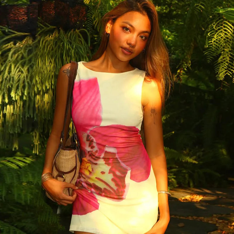 Mesh Floral Print Sexy Mini Dress Women Robe Summer New O Neck Sleeveless Slim Beach Holiday Bodycon Club Dress