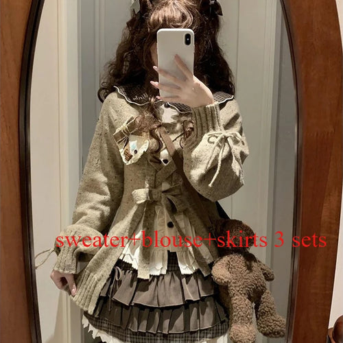 Load image into Gallery viewer, Japanese Sweet Lolita Cardigans Women Y2k Aesthetic Hollow Out Bandage Sweater Kawaii Bow Pocket 2025 Casual Streetwear JK Tops
