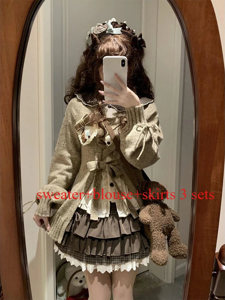 Japanese Sweet Lolita Cardigans Women Y2k Aesthetic Hollow Out Bandage Sweater Kawaii Bow Pocket 2025 Casual Streetwear JK Tops