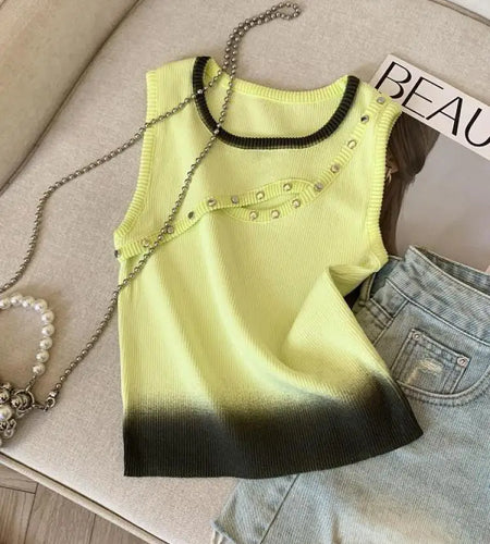 Korean Black Yellow Patchwork Hollow Out Slim Short Knitted Vest Summer Women Round Neck Sleeveless Holiday Pullover Tops 2025
