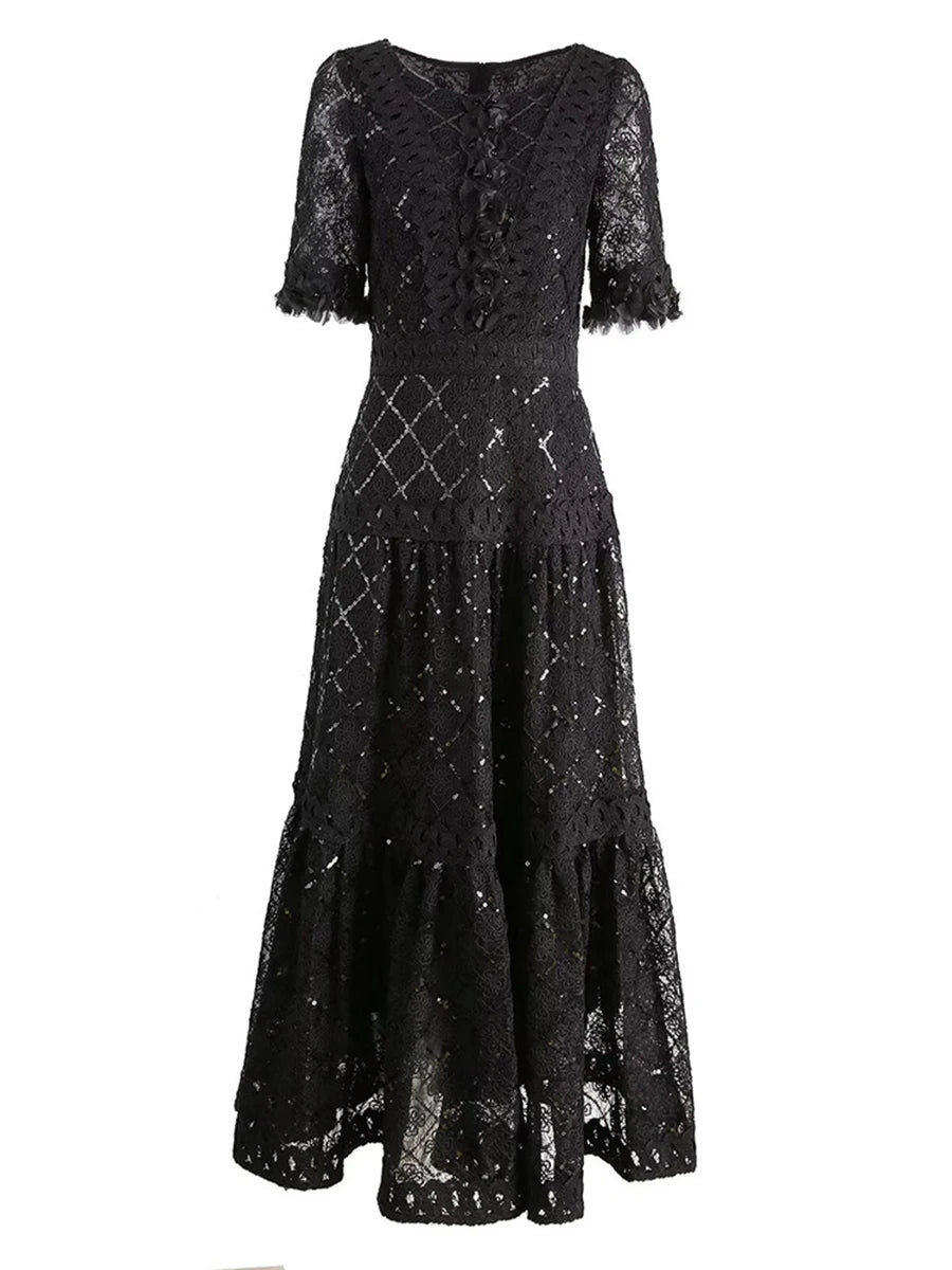 Solid Spliced Sequines Slimming Dresses For Women O Neck Long Sleeve High Waist Temperament Dress Female Fashion