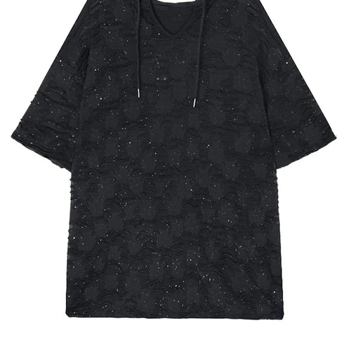 Load image into Gallery viewer, Women Black Jacquard Perspective Big Size Casual T-shirt New Hooded Half Sleeve Fashion Tide Spring Summer 2025 1DJ1160
