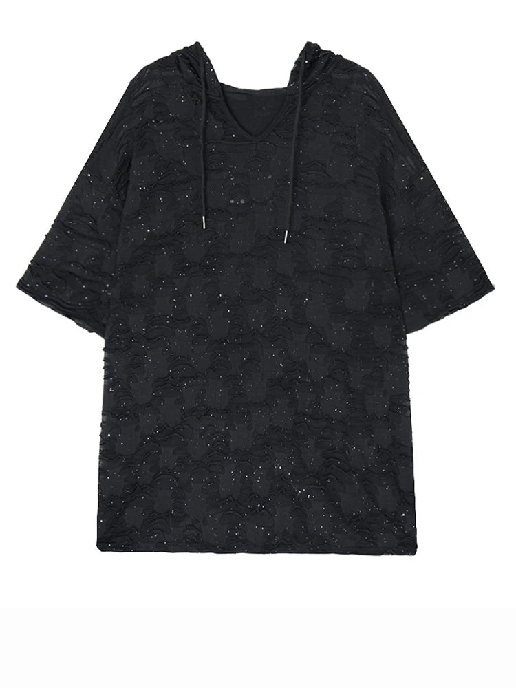 Women Black Jacquard Perspective Big Size Casual T-shirt New Hooded Half Sleeve Fashion Tide Spring Summer 2025 1DJ1160