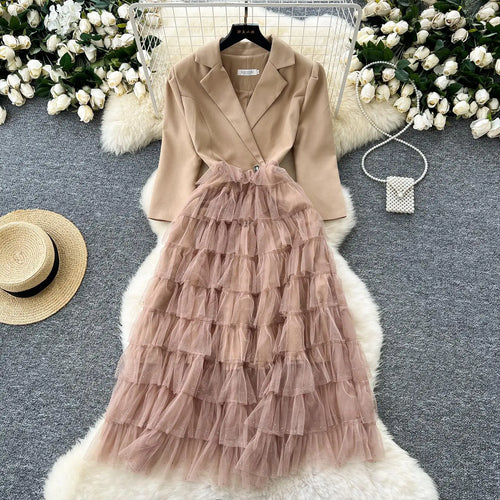 Load image into Gallery viewer, Autumn 2024 New Black Mesh Patchwork Sequin Elegant Long Sleeve Slim Dress Korean Women Khaki Temperament High Waist Cake Dress
