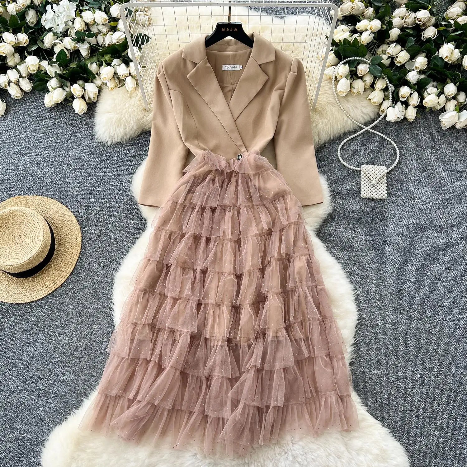 Autumn 2024 New Black Mesh Patchwork Sequin Elegant Long Sleeve Slim Dress Korean Women Khaki Temperament High Waist Cake Dress