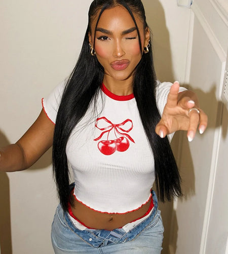 Cherry Print Women t-Shirt Ruffles High Elasticity o-Neck Short Sleeves Color-Blocking Versatile Classic sporty Mini Tops