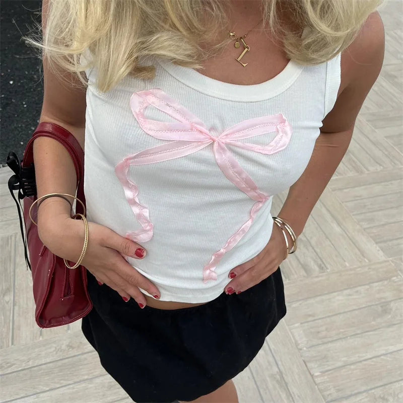Fairycore Tank Top y2k Clothes Women Round Neck Sleeveless T Shirt with Bow Decor 2000s Aesthetic Clothing Streetwear