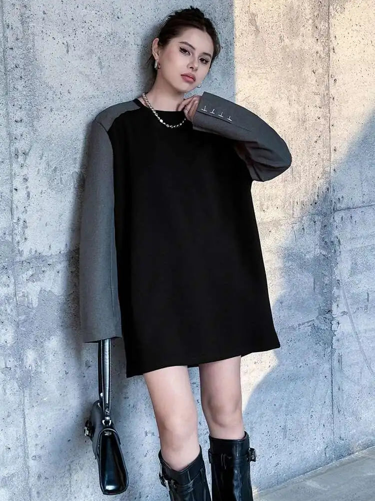 Women Black Color-block Blazer Fabric Elegant Mini Dress New Round Neck Long Sleeve Fashion Spring Autumn 2025 1DH9822