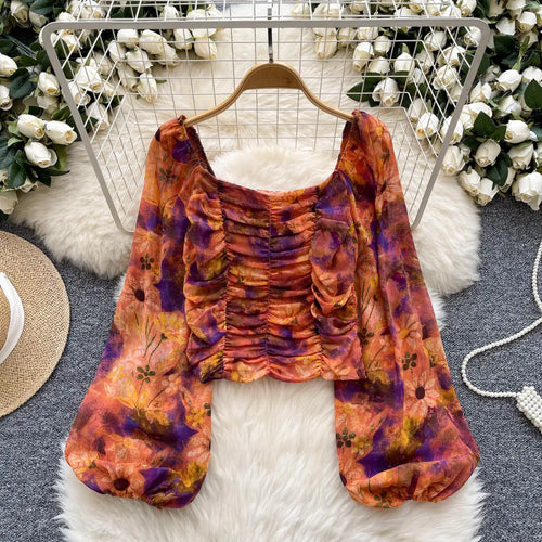 Load image into Gallery viewer, French Woman Plaid Long Sleeve Shirt Autumn Square Collar Slim Ladies Print Blouse Fashion Vintage Backless Short Pleated Tops
