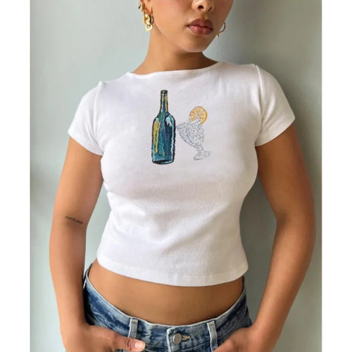 Load image into Gallery viewer, y2k Baby Tee Women Craphic Crop Top Round Neck Short Sleeve T Shirt Casual Vest 2000s Aesthetic Clothes Streetwear
