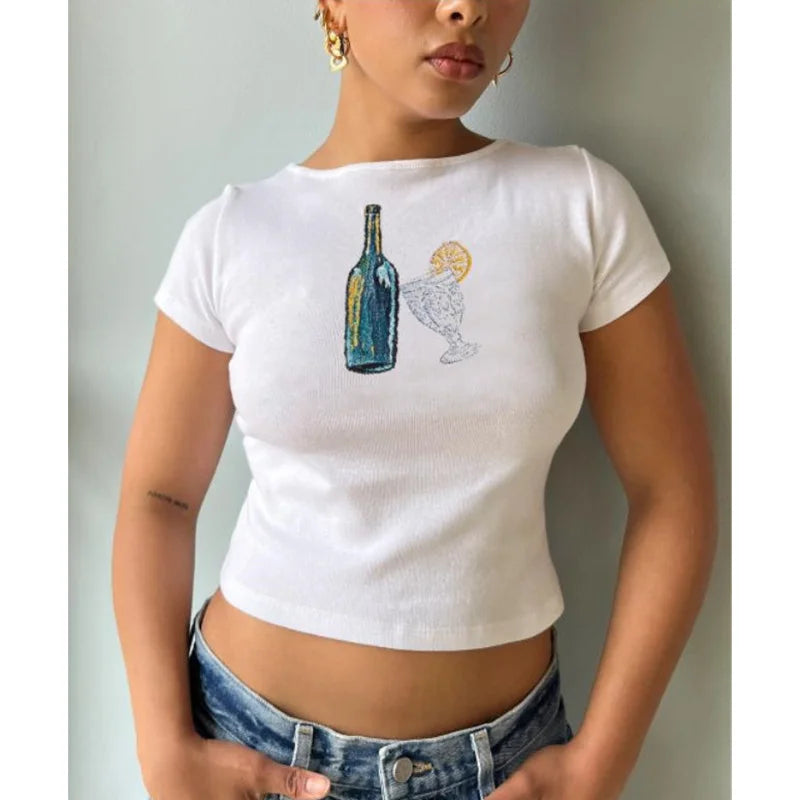y2k Baby Tee Women Craphic Crop Top Round Neck Short Sleeve T Shirt Casual Vest 2000s Aesthetic Clothes Streetwear