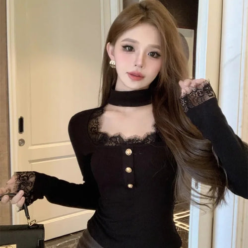 Load image into Gallery viewer, Patchwork Lace Elegant Sweet Tshirts Women Chic Sweet Y2k Slim Button Tees Square Collar Bottoming Vintage Long Sleeve Crop Top
