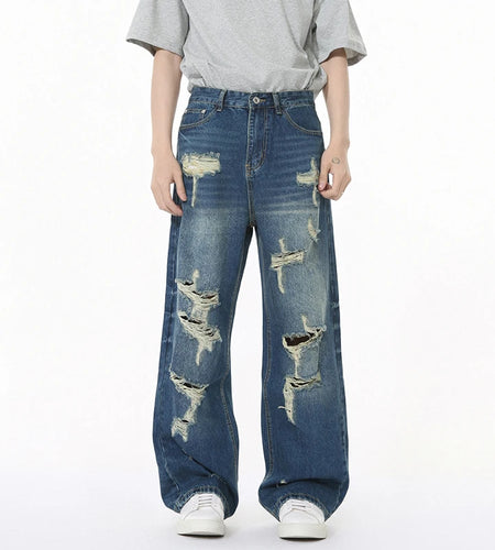 Irregular Holes Design Men's Jeans Solid Color Straight Worn-out Casual Bottom Wide Leg Baggy Male Denim Pants Niche 9W1267