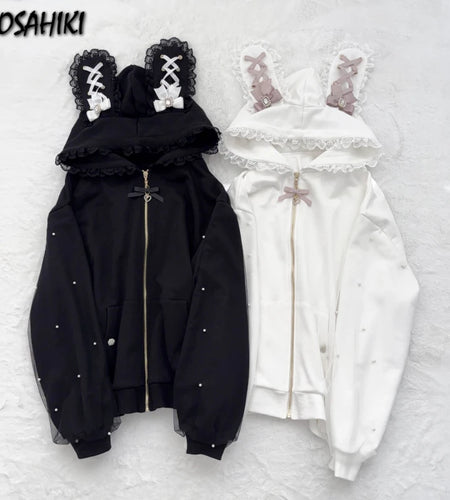 Japanese Pearl Gauze Patchwork Coats Women Y2k Aesthetic Lace Rabbit's Ears Jackets Casual Oversized Harajuku Kawaii Hoodies Top