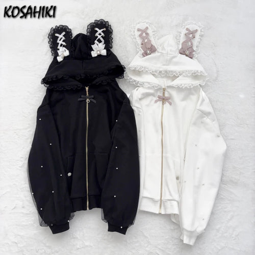 Load image into Gallery viewer, Japanese Pearl Gauze Patchwork Coats Women Y2k Aesthetic Lace Rabbit&#39;s Ears Jackets Casual Oversized Harajuku Kawaii Hoodies Top
