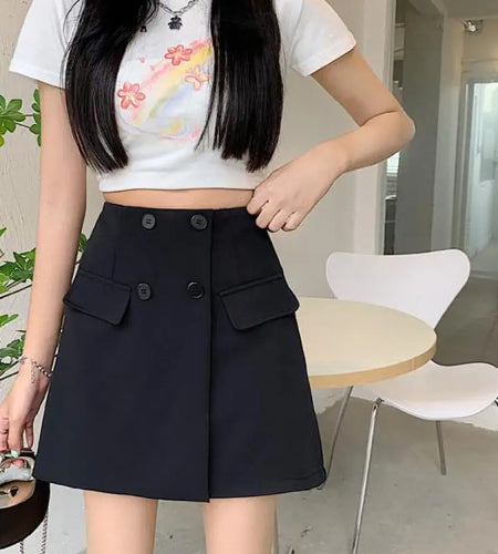 French Fashion Spring Summer Black White Button Short Skirts Women Orange Elegant High Waist Holiday Mini Skirt Popular Ladies
