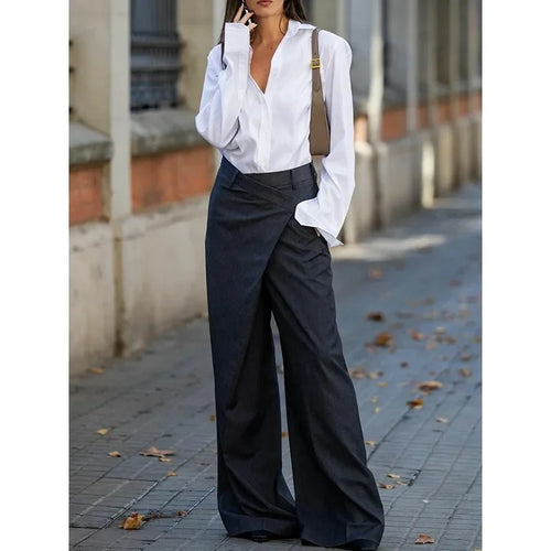 Load image into Gallery viewer, Trendy Women&#39;s Suit Pants Autumn Spring Loose Wide Leg Asymmetric Solid Color Split-Joint High Waisted Formal Trousers
