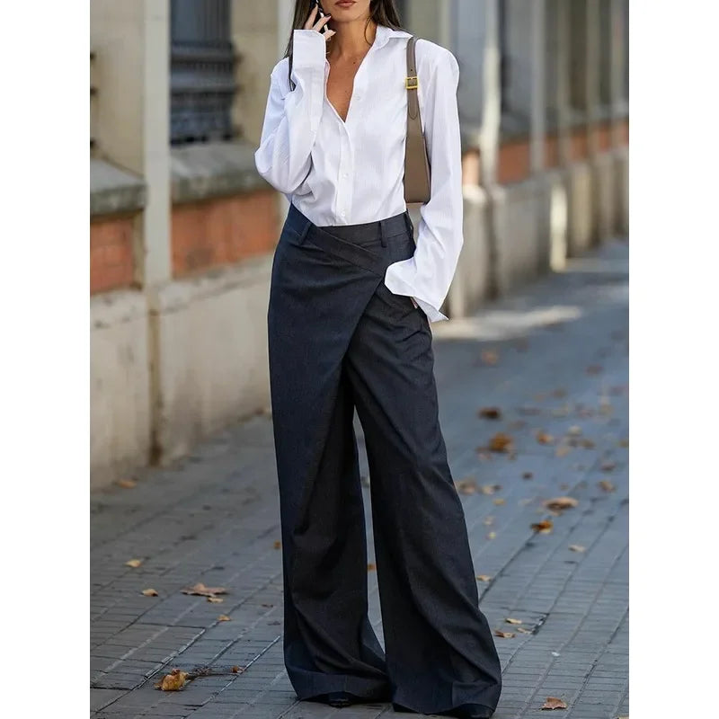 Trendy Women's Suit Pants Autumn Spring Loose Wide Leg Asymmetric Solid Color Split-Joint High Waisted Formal Trousers