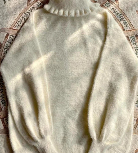 Soft Basic Pullover Women Japanese Ruffle Turtleneck Puff Sleeve Sweater Jk Lolita Inside Jumper  Fairy Sueter Top