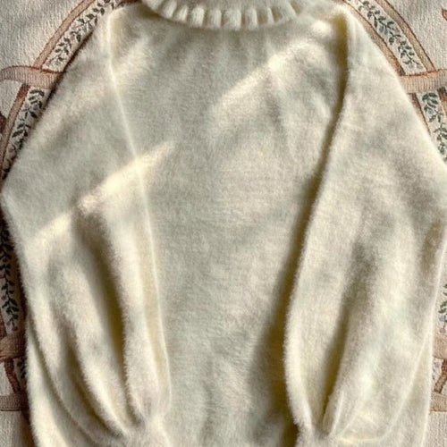 Load image into Gallery viewer, Soft Basic Pullover Women Japanese Ruffle Turtleneck Puff Sleeve Sweater Jk Lolita Inside Jumper  Fairy Sueter Top
