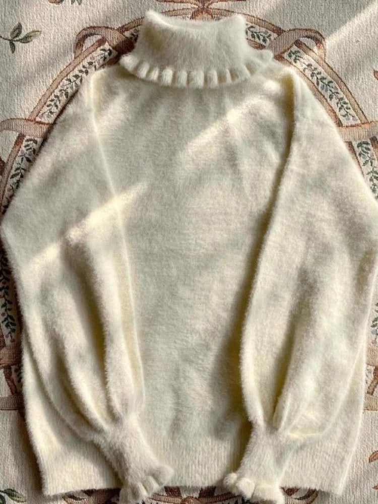 Soft Basic Pullover Women Japanese Ruffle Turtleneck Puff Sleeve Sweater Jk Lolita Inside Jumper  Fairy Sueter Top