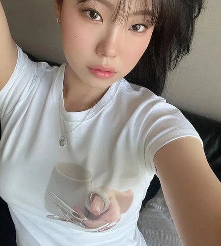 Korean Fashion Irregular Crop Tops Chic Graphic T-shirts Y2k Aesthetics Sexy Slim Tshirt Grunge Print Designer Clothes