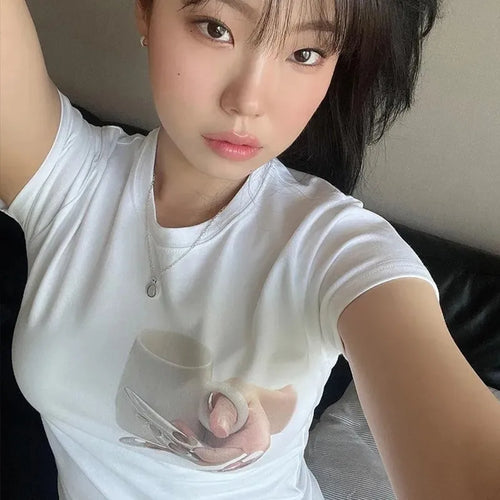 Load image into Gallery viewer, Korean Fashion Irregular Crop Tops Chic Graphic T-shirts Y2k Aesthetics Sexy Slim Tshirt Grunge Print Designer Clothes
