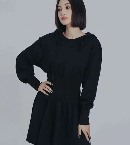 Women Black Big Size Elasitc Waist Mini Dress New Hooded Long Sleeve Loose Fit Fashion Tide Spring Autumn 2025 1DF0709