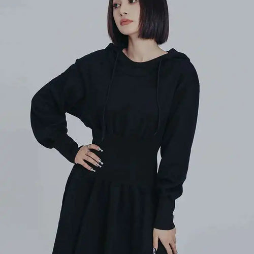 Load image into Gallery viewer, Women Black Big Size Elasitc Waist Mini Dress New Hooded Long Sleeve Loose Fit Fashion Tide Spring Autumn 2025 1DF0709
