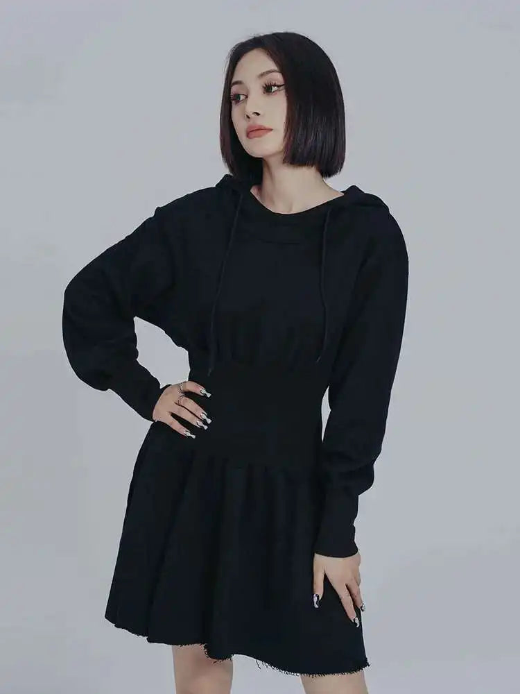 Women Black Big Size Elasitc Waist Mini Dress New Hooded Long Sleeve Loose Fit Fashion Tide Spring Autumn 2025 1DF0709