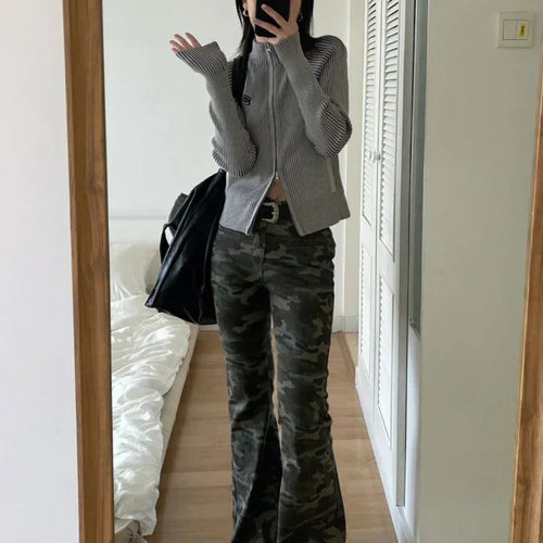 Load image into Gallery viewer, Autumn Double Zip Up Ribbed Cardigan Jackets Women Embroidery Knitted Sweater Slim Stand Collar Y2k Harajuku Grunge Knit
